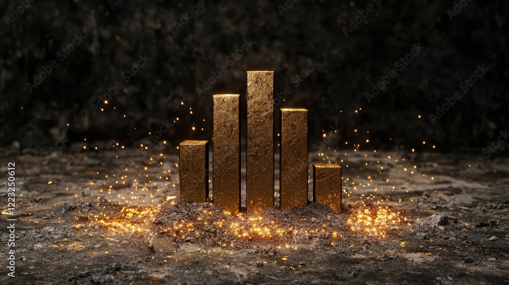 Poster golden bar graph with sparkling effect on ground