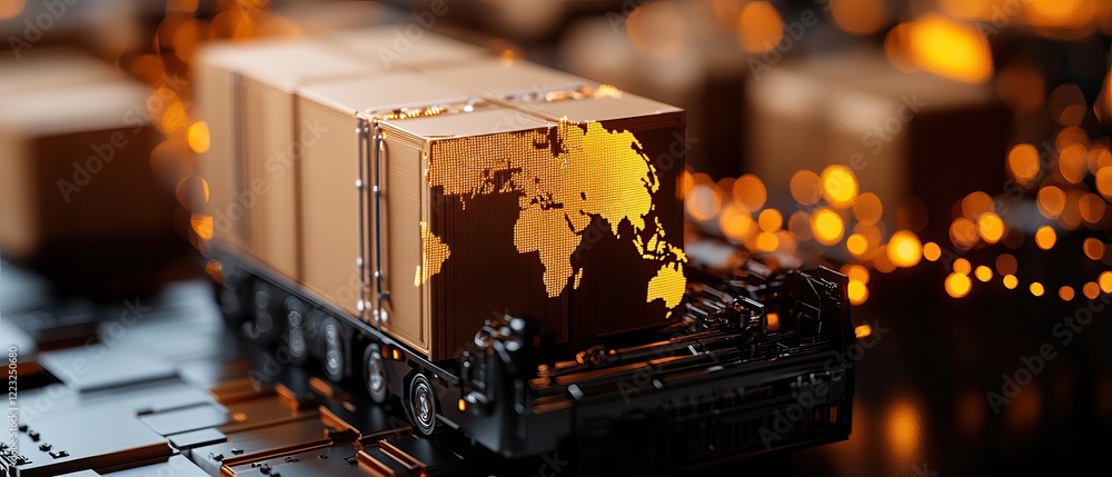 Poster a detailed image of a model truck carrying a container that features a glowing map of the world, set