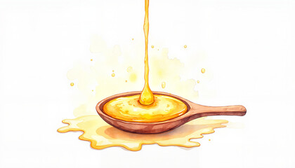 Watercolor painting of golden honey pouring into a wooden spoon with soft and vibrant tones on white background