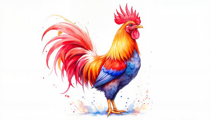 Fototapeta premium Watercolor painting of a vibrant rooster with colorful feathers in a realistic and artistic style on white background
