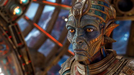 Obraz premium Full height. An alien pharaoh with eyes glowing wi_007