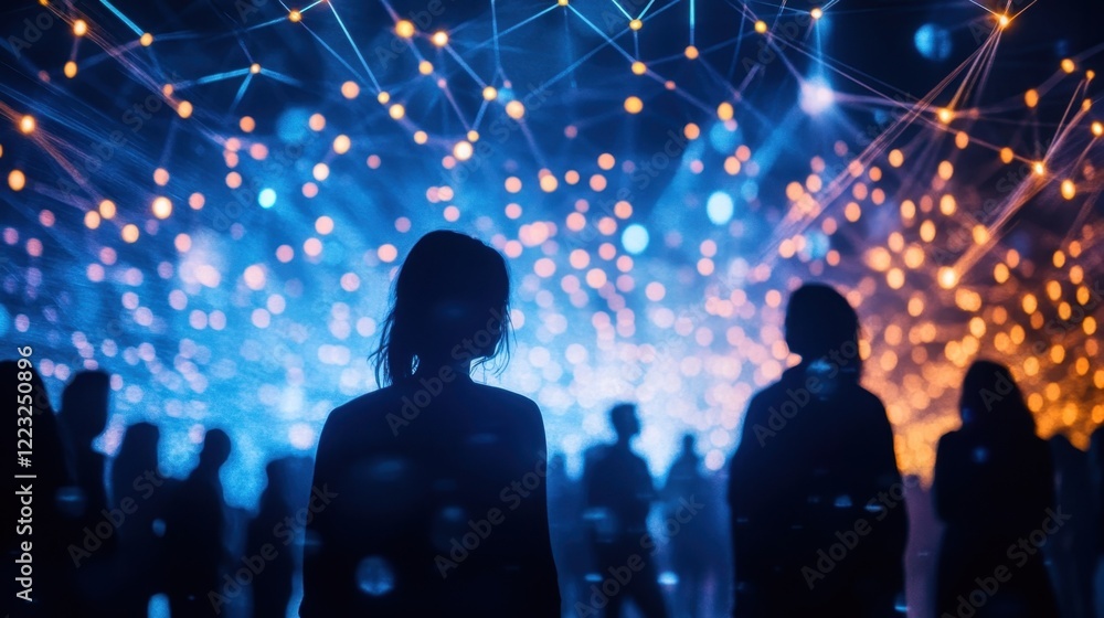 Poster silhouetted people are observing a futuristic light installation composed of illuminated data points