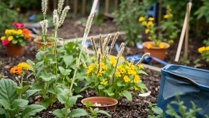 Vibrant Community Garden with Blooming Flowers and Herbs