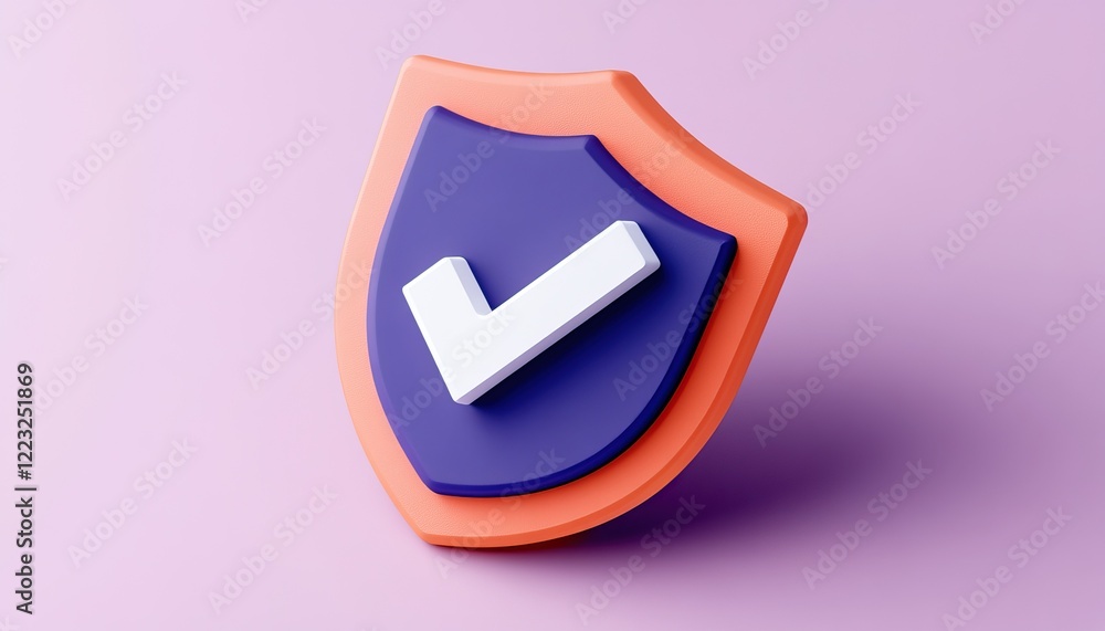 Poster a colorful, three-dimensional shield icon with a checkmark, symbolizing security and trust, set agai