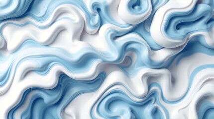 Fototapeta premium An elegant 3D abstract design with flowing patterns of blue and white, like liquid marble and clouds.