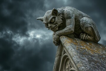 A weathered gargoyle perches on a gothic rooftop against a stormy sky, its expression grim and watchful.