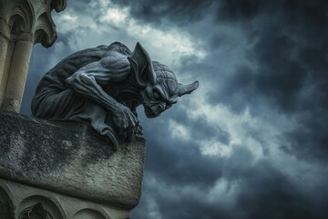 A grotesque gargoyle statue perched atop a gothic building against a stormy sky.