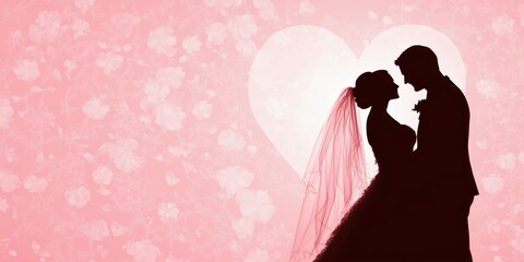 Silhouette of Bride and Groom in Romantic Heart Background, Wedding Theme, Love and Celebration