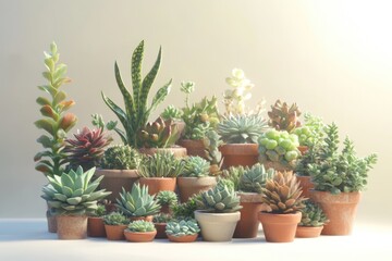 A collection of succulents in terracotta pots, bathed in soft sunlight, creating a serene and vibrant scene.