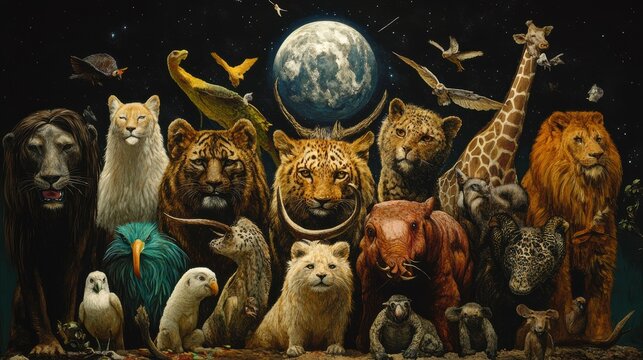 Diverse wildlife gathering under moonlit sky featuring majestic animals