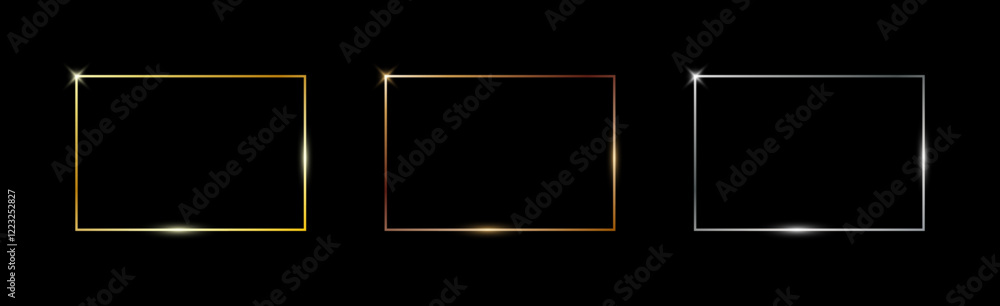 Poster gold, silver and bronze thin frames. metal rectangle frame with glow shine and light effects. photo 