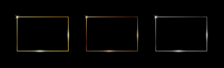 Gold, silver and bronze thin frames. Metal rectangle frame with glow shine and light effects. Photo or picture realistic empty borders isolated on black background. Vector.