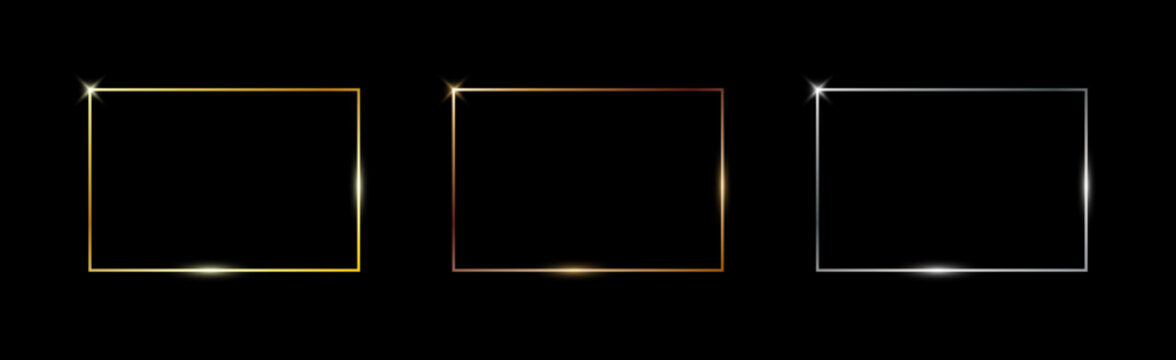 Gold, silver and bronze thin frames. Metal rectangle frame with glow shine and light effects. Photo or picture realistic empty borders isolated on black background. Vector.