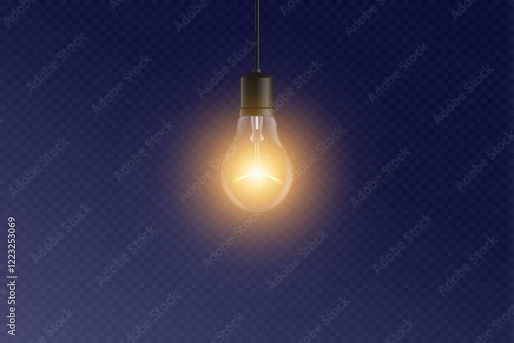 Poster hanging glowing realistic light bulb. hanging electric light bulb or lamp at transparent background.