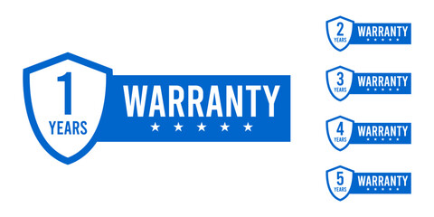 Warranty icons set in shield form. Warranty symbol for 1, 2, 3, 4 and 5 years guarantee. Blue minimalist label or stamp to confirm guarantee. Vector.