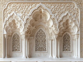 Obraz premium Intricate white stone carving with arches and latticework.