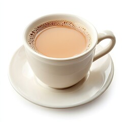 Creamy tea cup, saucer, white background, breakfast drink