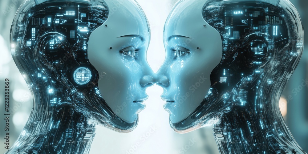 Poster futuristic humanoid robots with glowing circuitry face each other, showcasing advanced ai technology