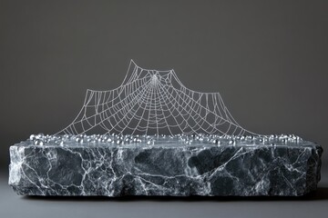 Dew-covered spiderweb delicately rests on a dark, polished marble surface.