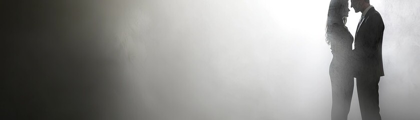 Couple silhouetted in fog, intimate moment, romantic setting, relationship imagery
