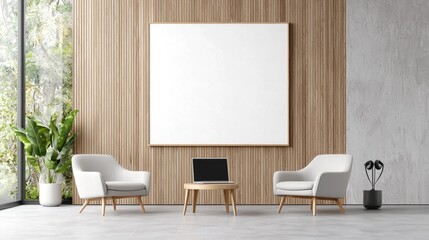 Modern office waiting area with blank canvas, laptop, and plants
