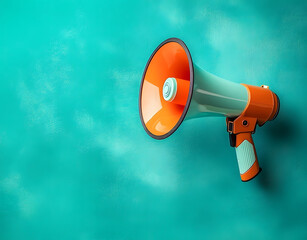 Orange megaphone on turquoise background. Blank megaphone on mint green surface. Call to action in presentation. Call to participate engage. Visual aids for important announcements, summaries.