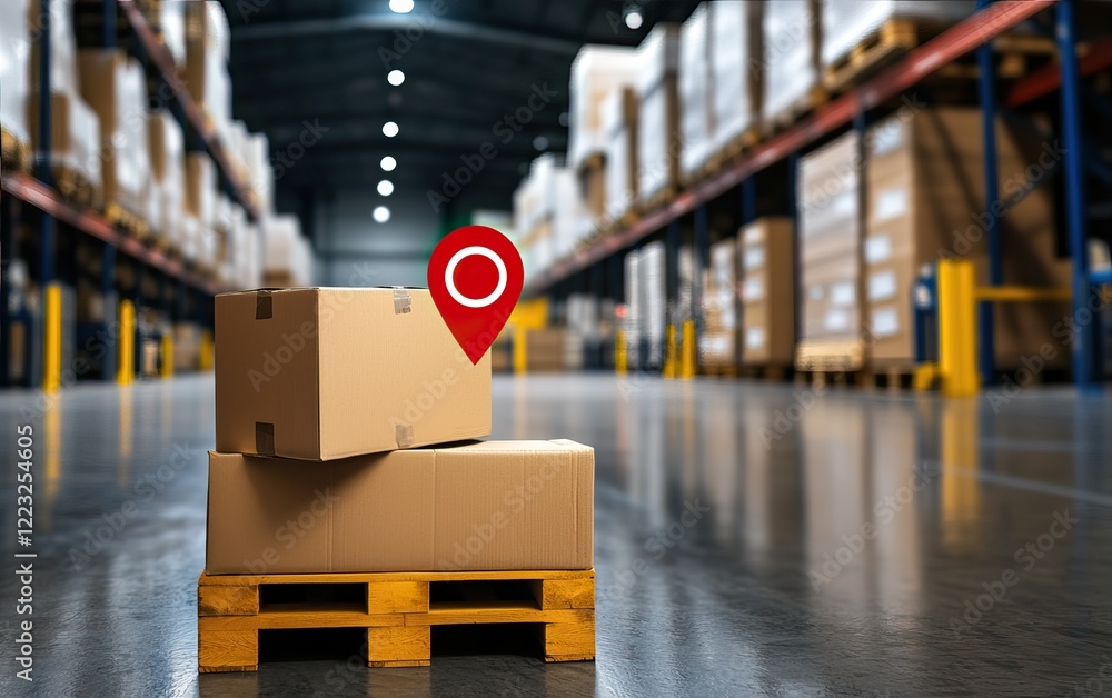 Poster a warehouse scene featuring stacked boxes on pallets, with one box marked by a location pin, symboli