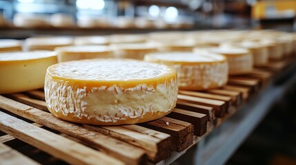 Cheese wheel showcased on wooden rack in modern factory with natural light