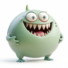 3D icon cartoon round chubby monster with a happy expression, isolated on a white background 