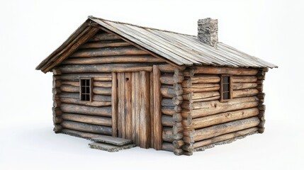 Rustic Log Cabin on White Background