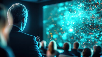 A closeup of a presentation slide depicting a mind map of leadership traits with attendees in the foreground captivated by the visual representation sparking lively discussions.