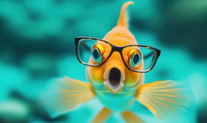 Goldfish wearing glasses swimming in vibrant underwater environment, showcasing playful aquatic life and unique character