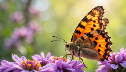 Close-up of a butterfly perched on blooming flowers in a bright garden.
