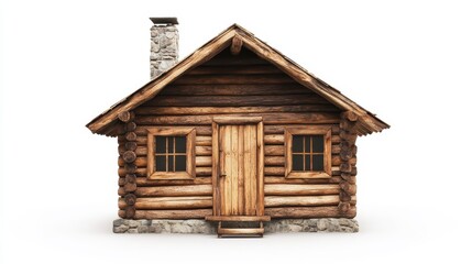 Rustic wooden cabin with stone chimney in bright light