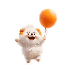 Fluffy 3D Cartoon Animal Holding a Balloon Isolated on Transparent Background
