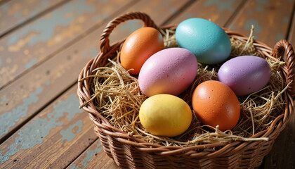 Obraz premium Colorful Easter eggs in a wicker basket on a rustic wooden background with copy space