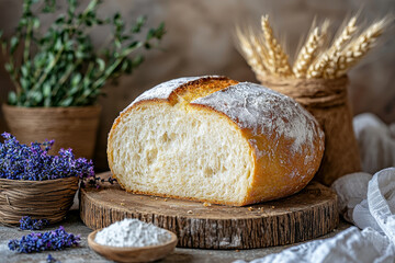 Artisan loaf of bread, halved, rustic setting with lavender.
