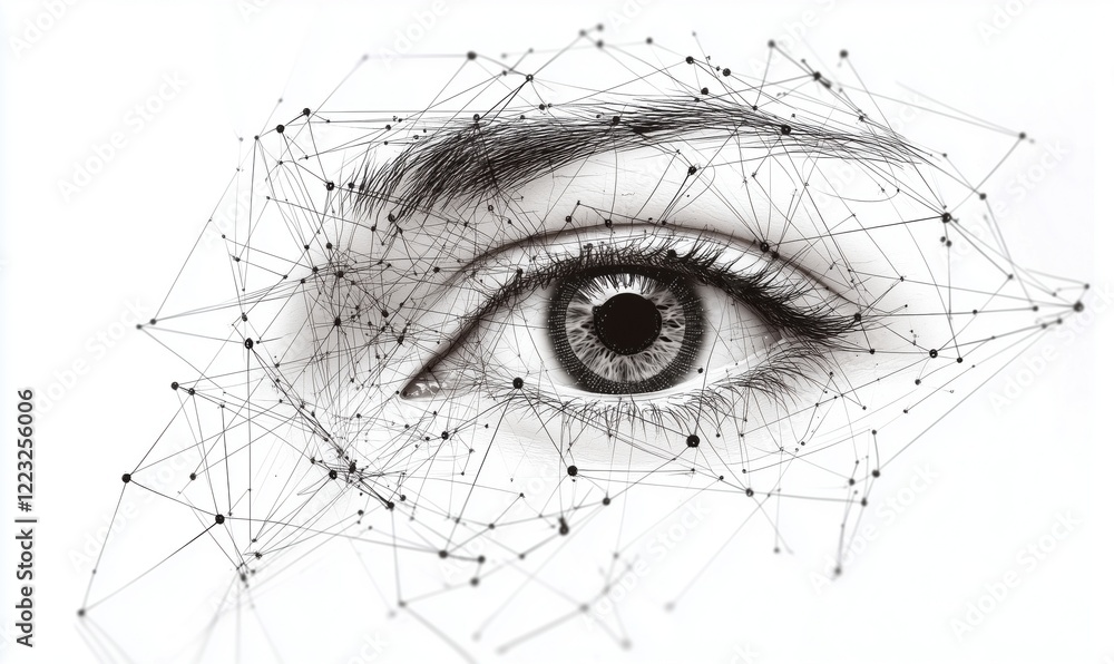 Poster abstract representation of human eye with interconnected lines and nodes symbolizing vision, percept