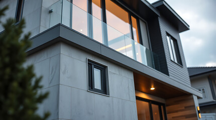 Modern House Exterior: Contemporary Home Design and Architecture.Luxury Real Estate Property with Stunning Balcony and Glass Facade