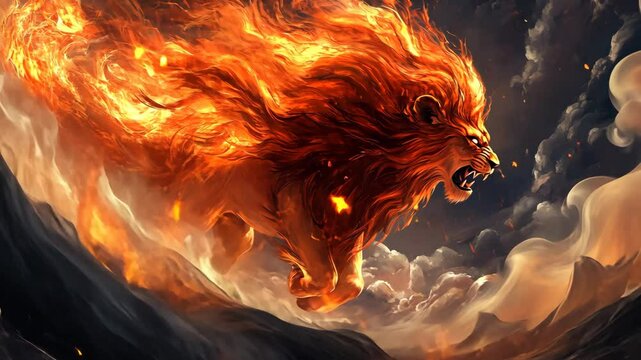 Majestic lion surrounded by flames in a dramatic landscape during twilight hours