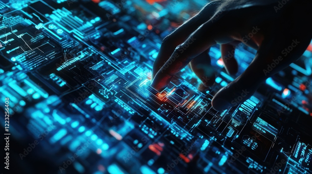 Poster advanced technology interface with hand on digital circuitry in blue light