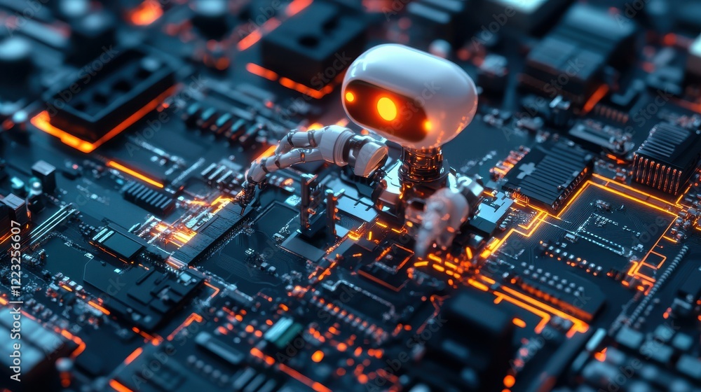 Poster futuristic robot on glowing circuit board in advanced technology environment