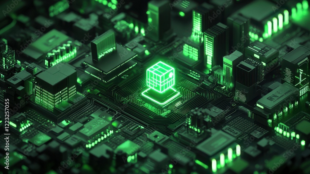 Poster green futuristic circuit board with glowing cube in digital matrix environment