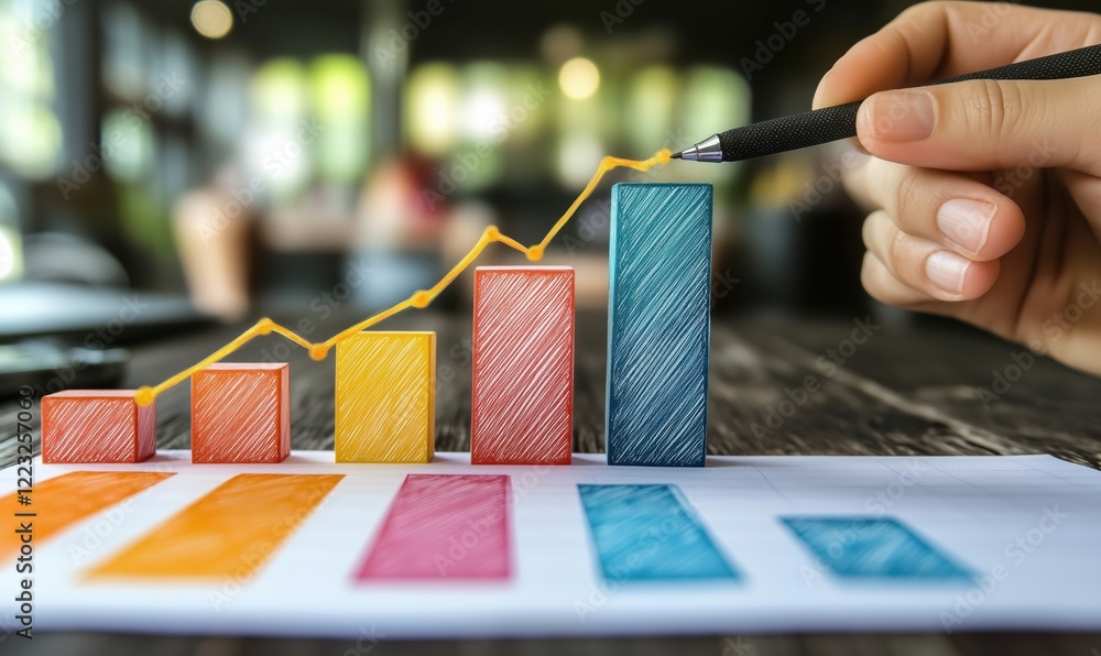 Poster colorful bar graph with rising trend line illustrating growth and progress in data visualization