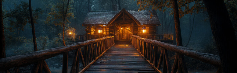 Obraz premium Enchanted forest cabin, bridge pathway, warm lights glow.