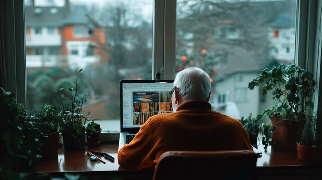 An elderly man sitting at a wooden desk, working on a desktop computer surrounded by houseplants, overlooking a peaceful residential neighborhood