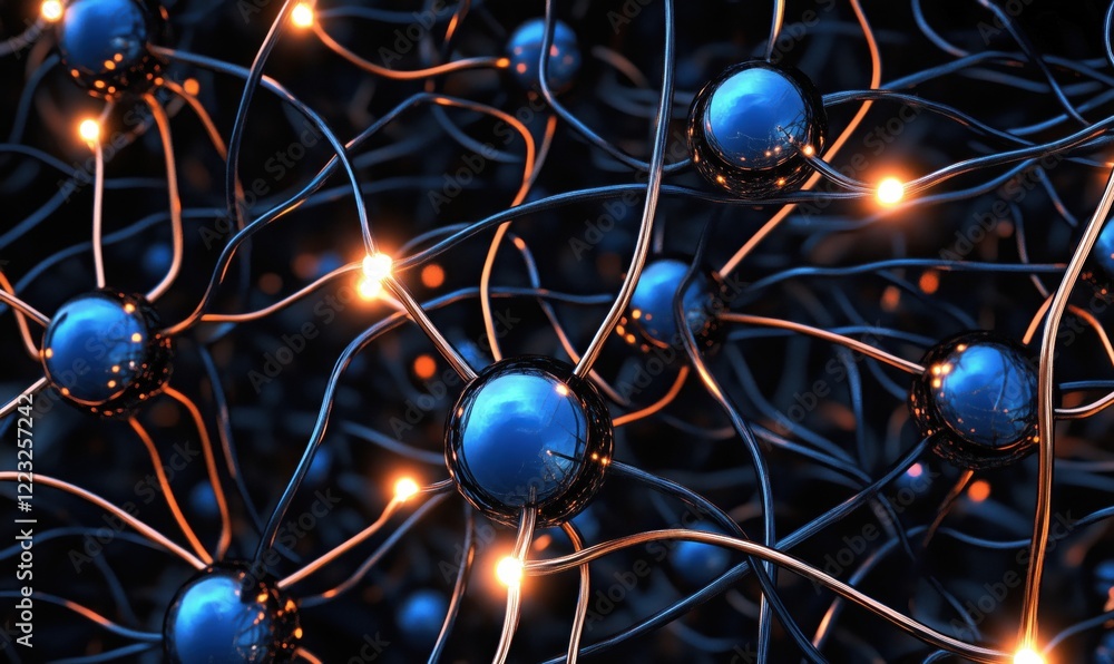 Poster abstract representation of interconnected neural networks with glowing nodes and intricate wiring, s