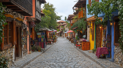 Fototapeta premium Charming Cobblestone Street in Colorful Historic Village Scene