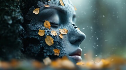 Artistic portrayal of a serene face surrounded by autumn leaves and textured earth tones in a natural setting