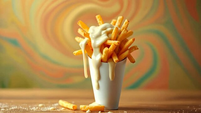 French fries with mayonnaise in a cone